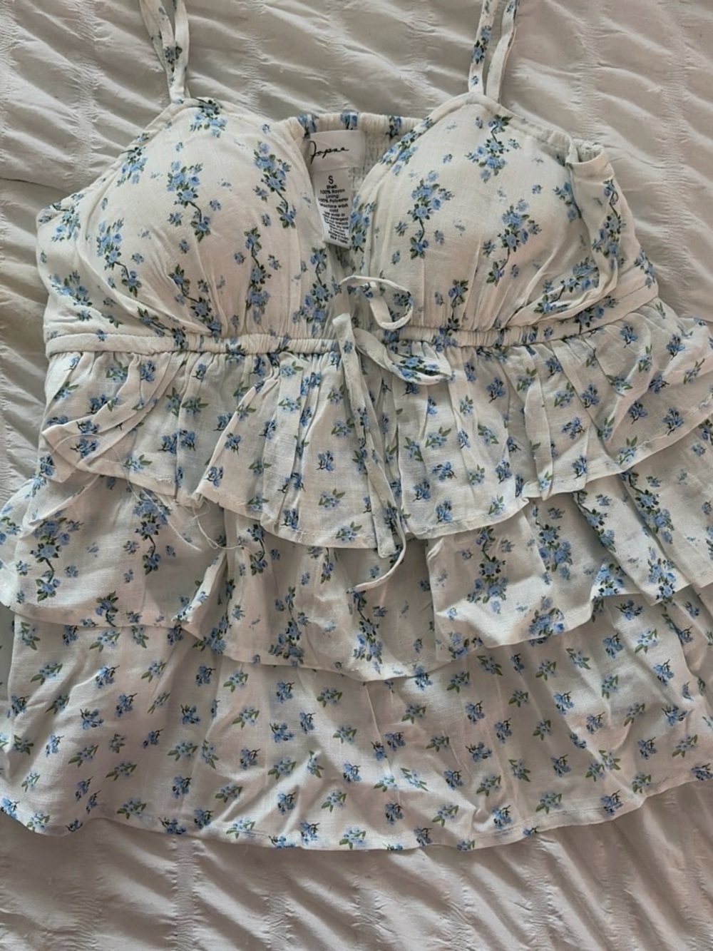 Japna White Cami Top with Blue Floral Print and Ruffle Tiers